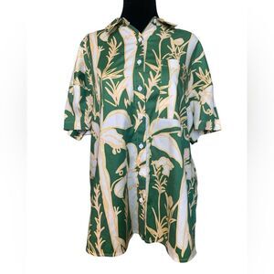 CROSBY by Mollie Burch Sz S Green Cream Patterned Button Down Blouse Shirt